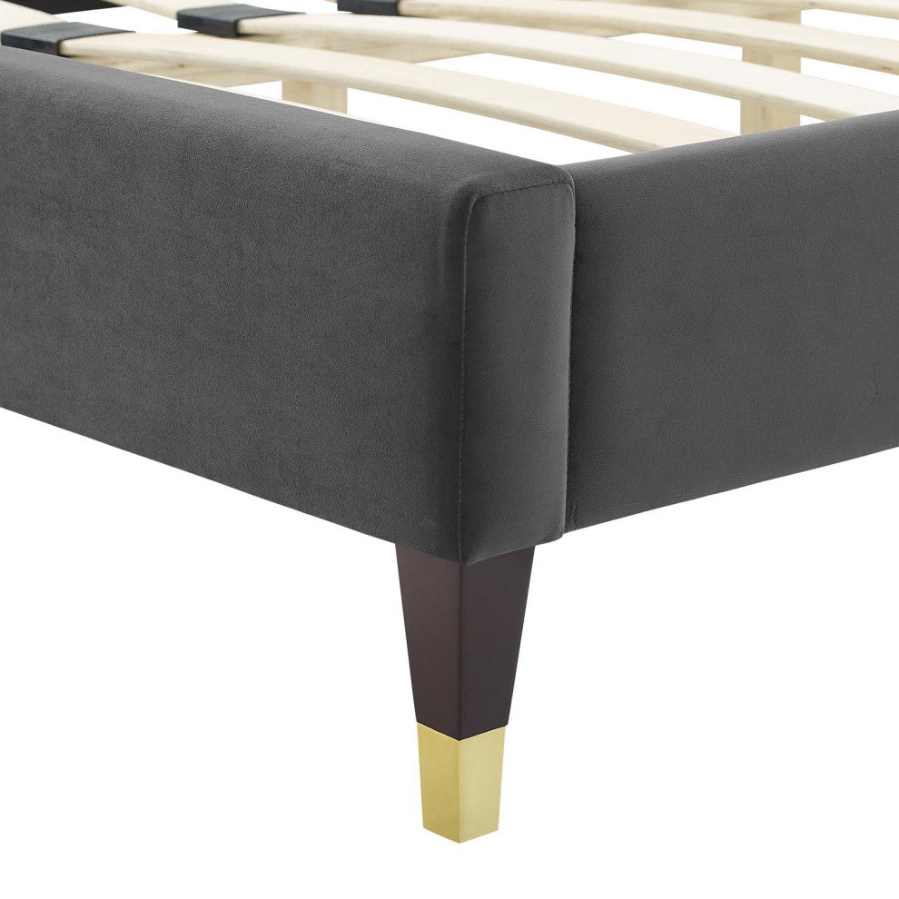 Platform Bed Frame, Twin Size, Velvet, Dark Grey Gray, Modern Contemporary