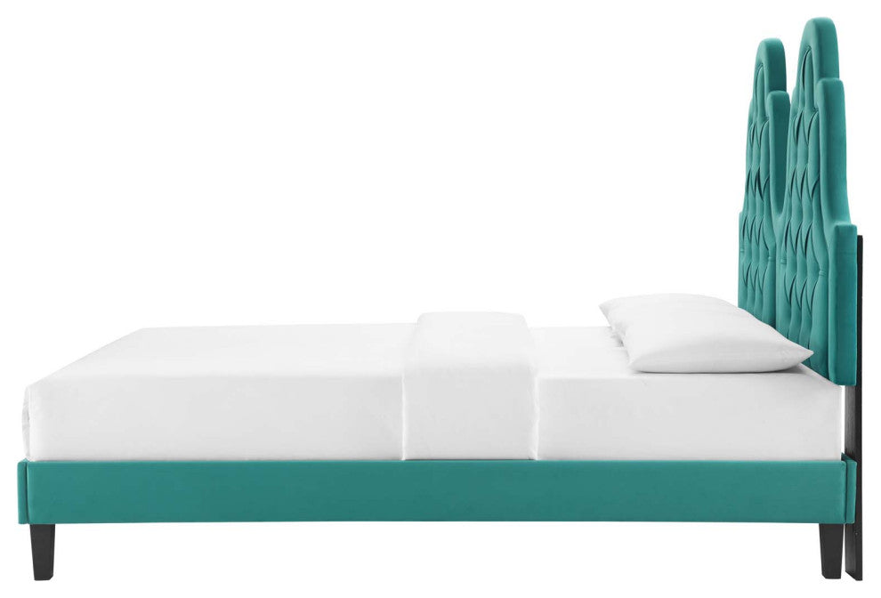 Tufted Platform Bed Frame, Twin Size, Velvet, Teal Blue, Modern Contemporary