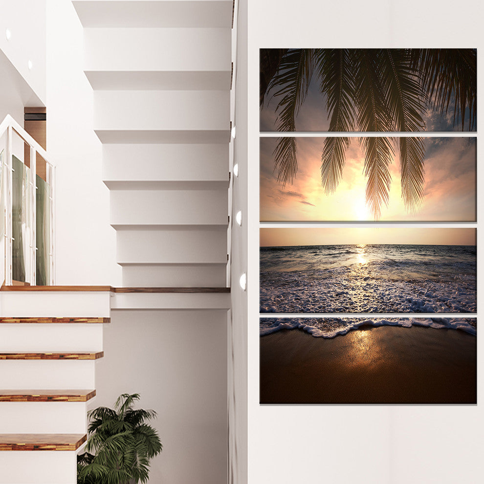 Tropical Beach with Palm Leaves, Seashore Canvas Art Print, 28"x48", 4 Panels