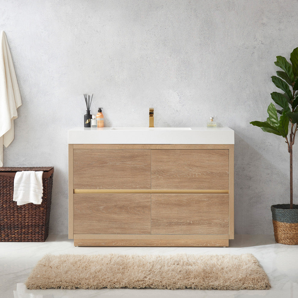 Huesca Bath Vanity, Integrated Sink Top, North American Oak, 48", Without Mirror