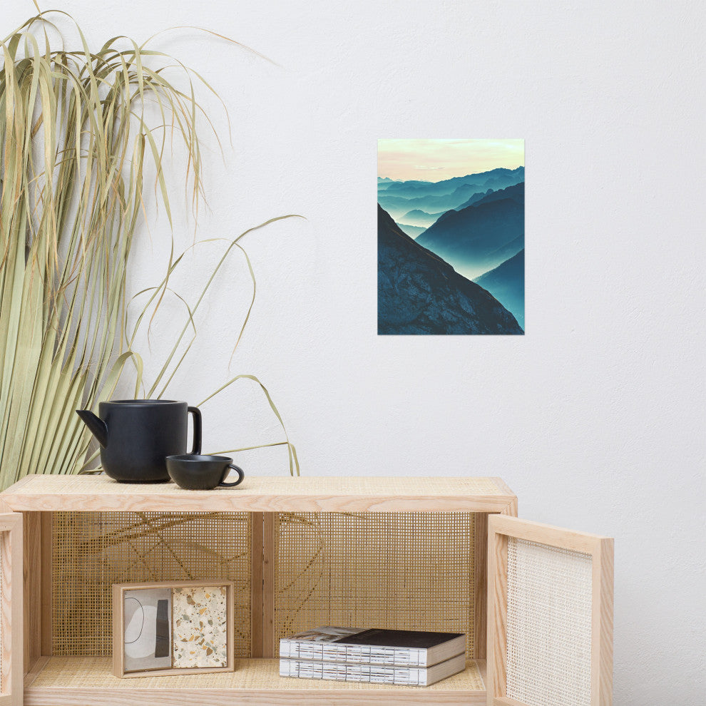 Misty Blue Silhouette Mountain Range Landscape Photo Unframed Wall Art Prints, 12" X 16"