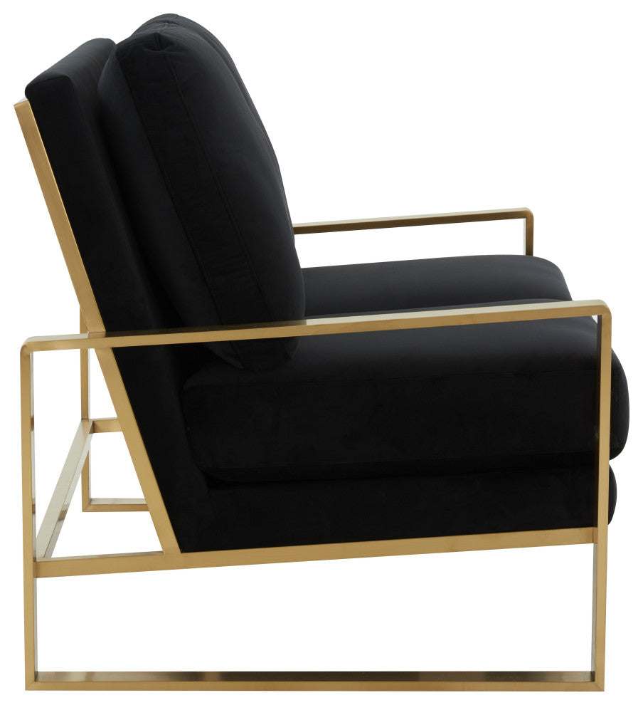 LeisureMod Jefferson Modern Design Velvet Loveseat With Gold Frame, Black