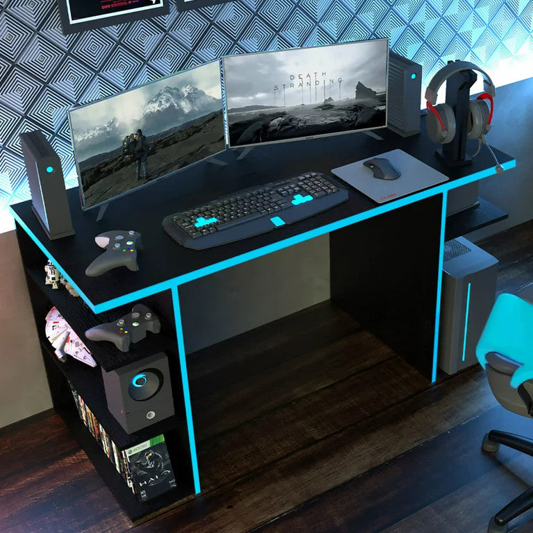 Modern Desk, Wooden Construction With Multiple Open Shelves & Large Top, Blue