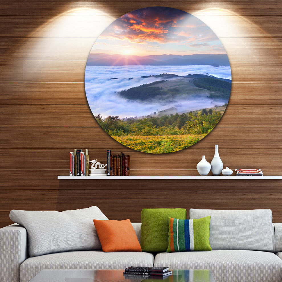 Colorful Sunrise Over Foggy Waters, Landscape Disc Metal Wall Art, 23"