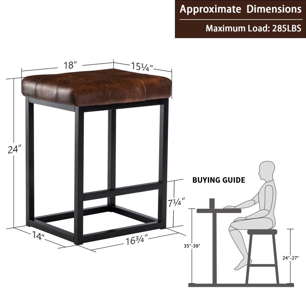 Set of 2 Button Tufted Faux Leather Counter Stools, Dark Brown, 24 in