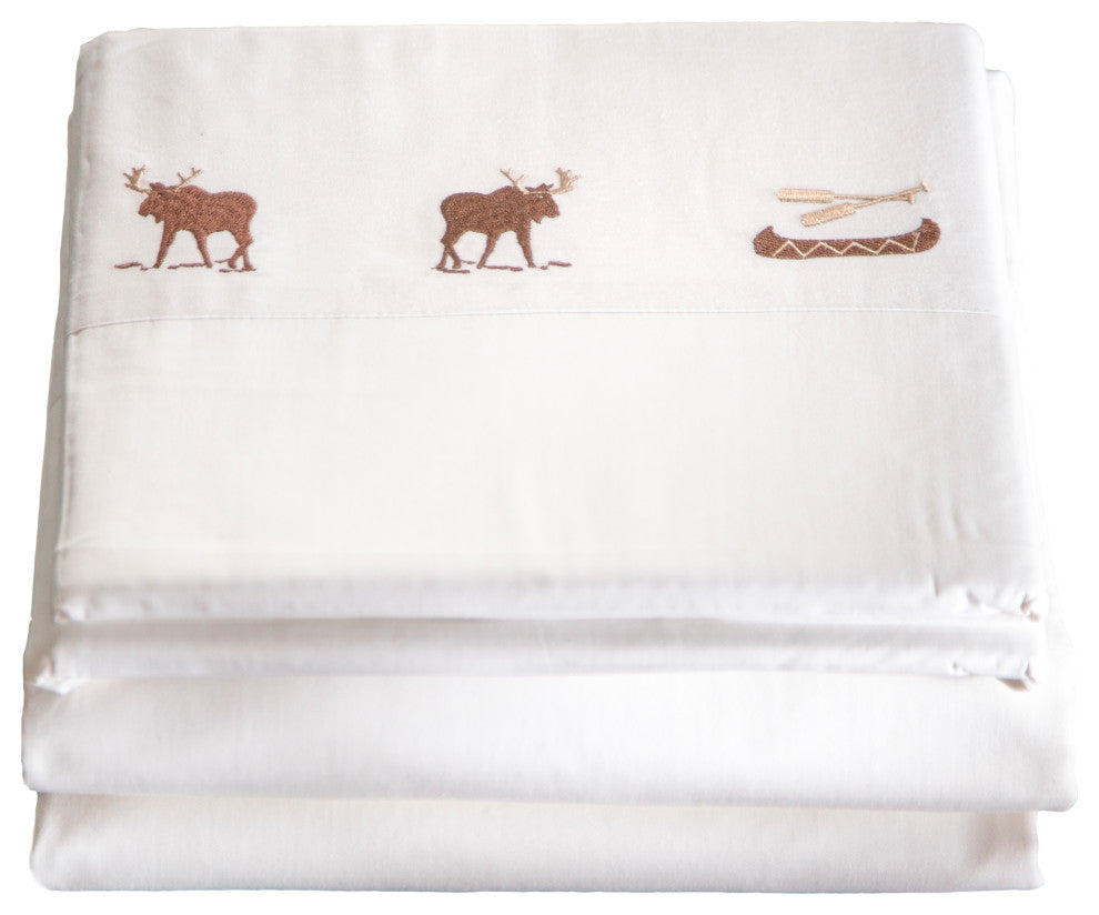 Embroidered Moose Cotton Cabin Bed Sheets, Off White, King