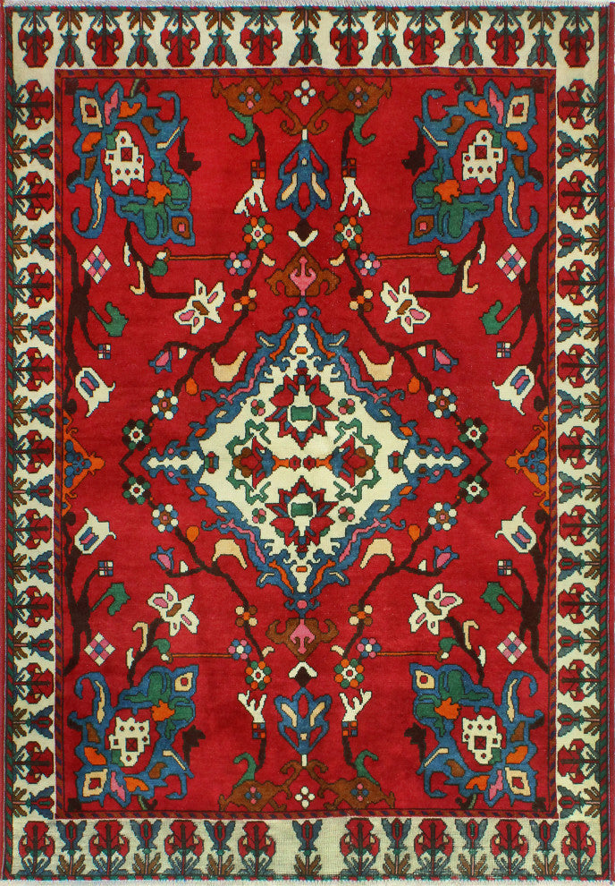 Fine Vintage Distressed Claud Red/Ivory Rug, 4'9 x 6'8
