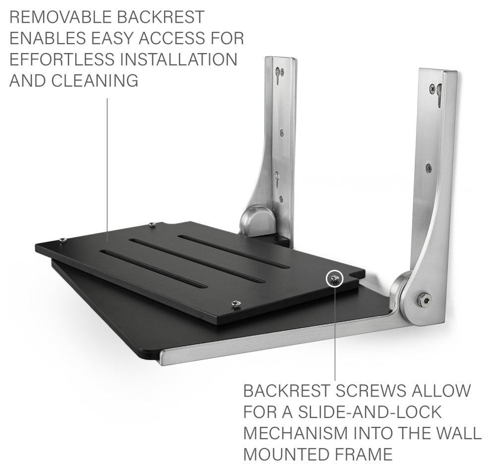 Silhouette Folding Wall Mount Shower Bench Seat, Black Seat With Silver Frame