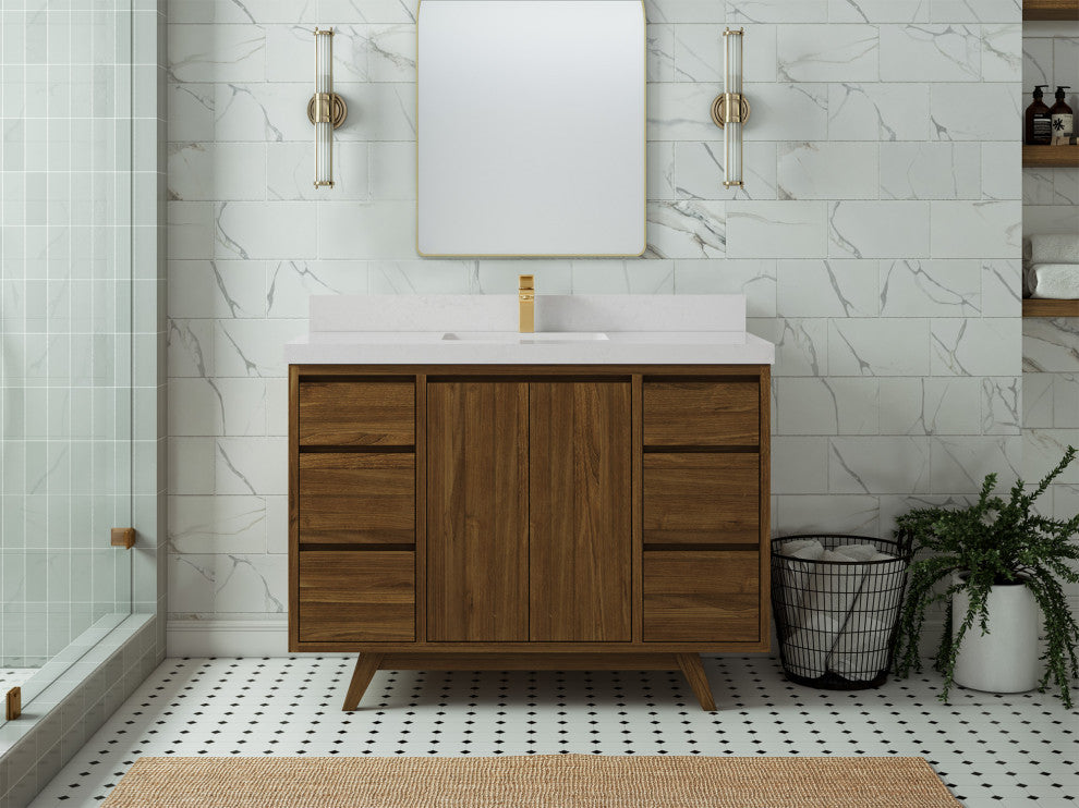 Madison Teak 48 Single Sink Bath Vanity in Dark Natural 2" Carrara Quartz
