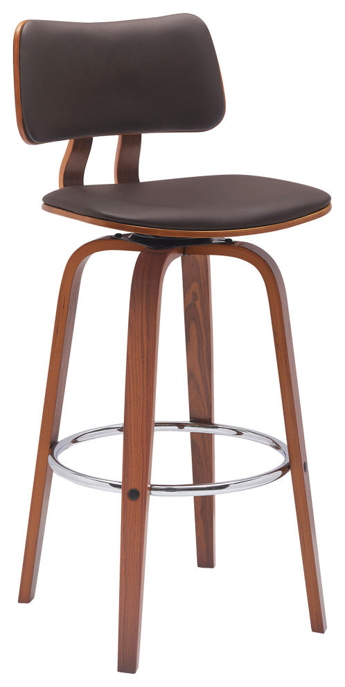 Pico 26" Swivel Walnut Wood Counter Stool, Brown Faux Leather With Chrome, 30