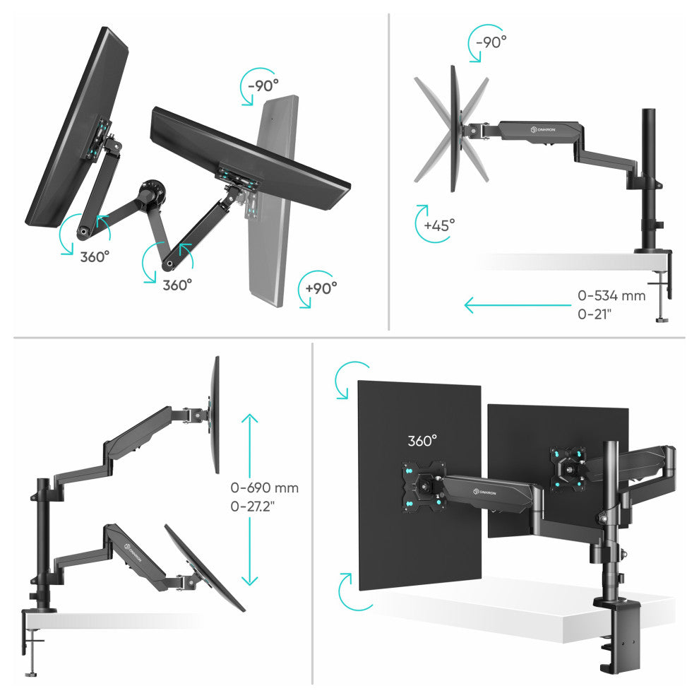ONKRON Dual Monitor Mount for 13 - 32 Inch Screens up to 17.6 lbs - G140 Black