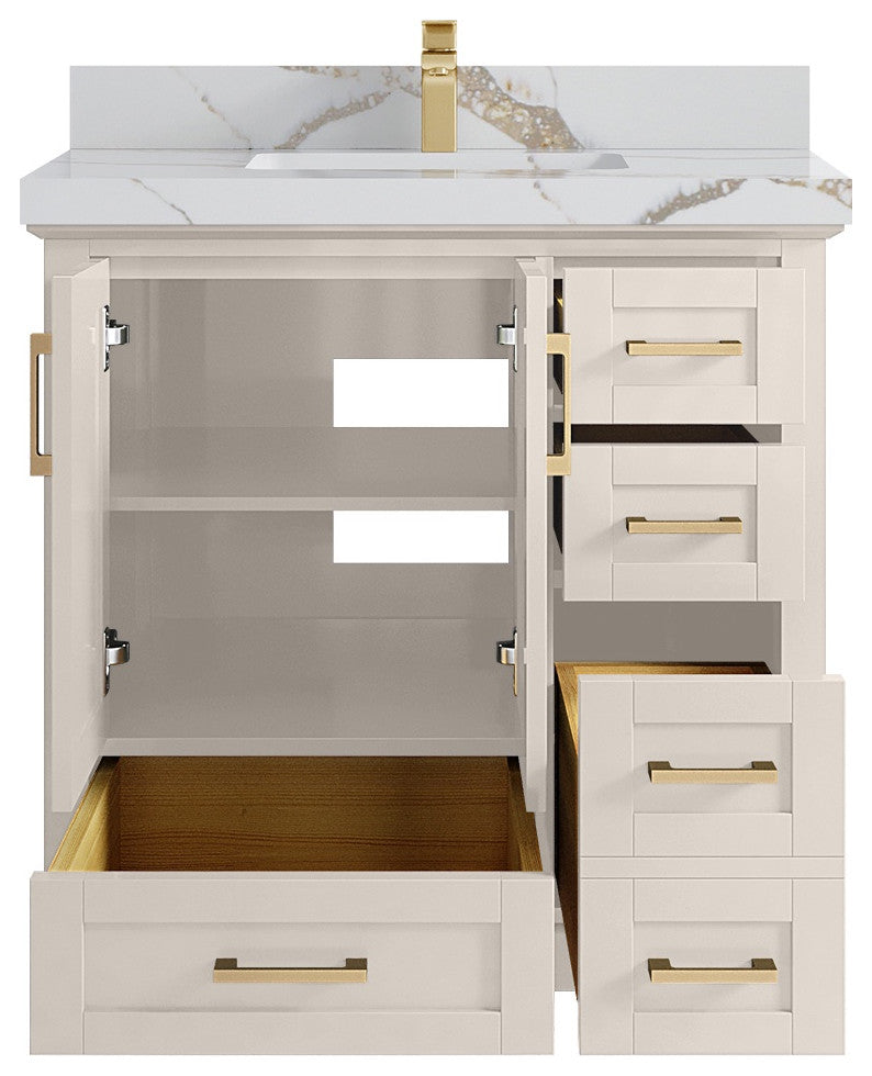 Boston 36" Center Sink Bath Vanity in Fine Grain 2" Calacatta Gold
