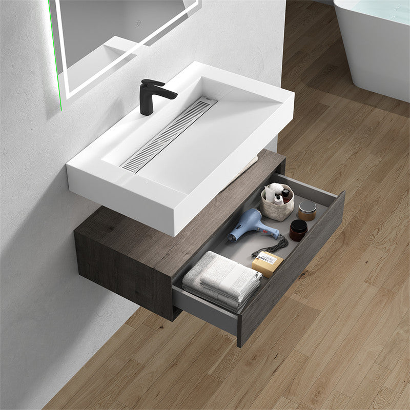 Alysa 36'' Floating Vanity, Acrylic Sink, Smoke Oak