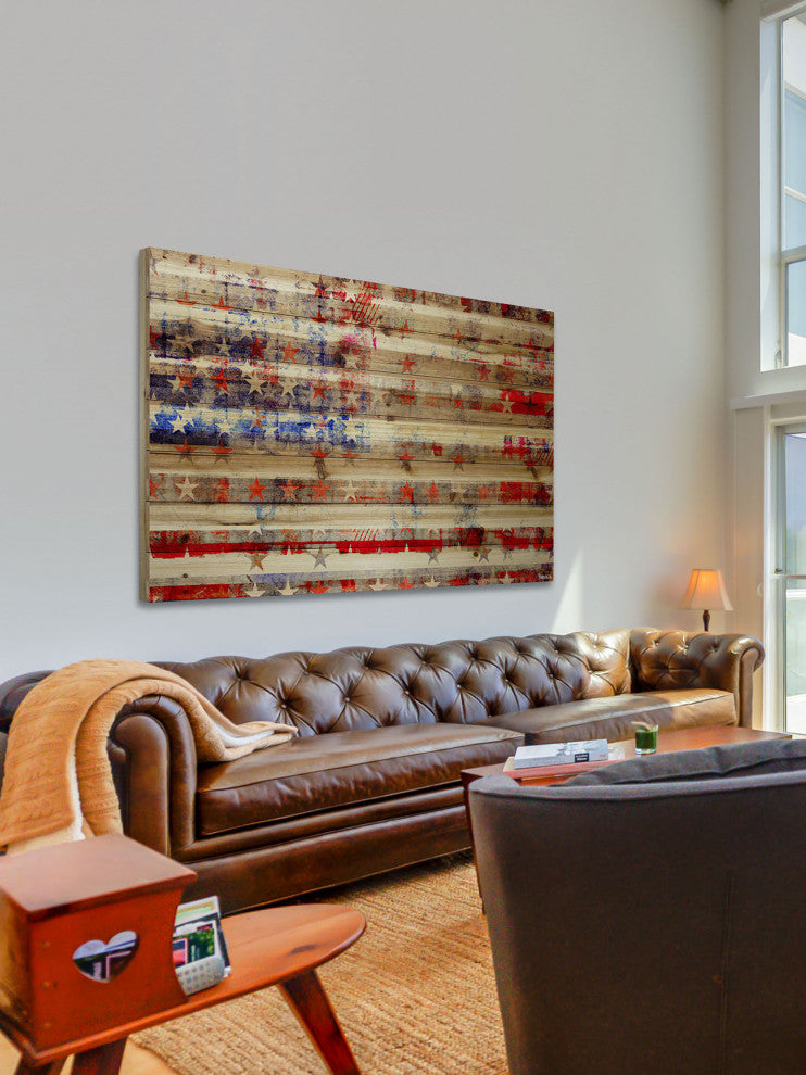 "Stars and Stripes" Print on Natural Pine Wood, 36"x24"
