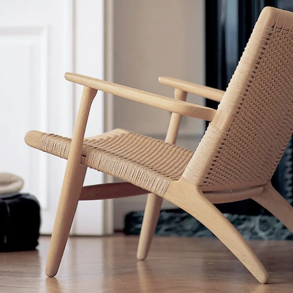 Japandi Wood Outdoor Patio Lounge Chair Armchair Kraft Paper Rope Woven Seat