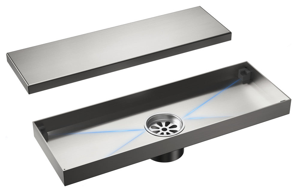 Linear Shower Drain with Hair Strainer and Reversible Tile Insert Cover, Brushed Nickel