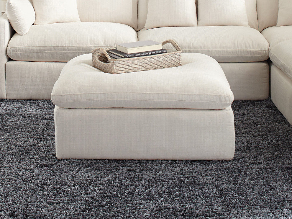 Linen-Like Fabric Cushion Seat Ottoman, Off-White