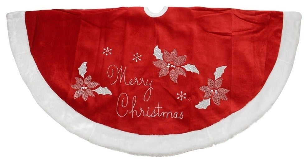 48" Red Poinsettia "Merry Christmas" Tree Skirt With Trim