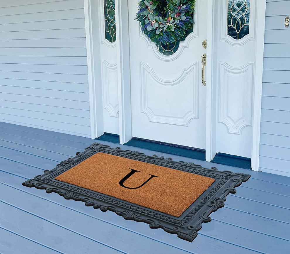 Carson Black/Beige Rubber And Coir 24"x36", Monogrammed Doormat, U