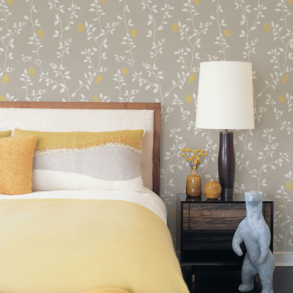 Branch Flower Peel and Stick Vinyl Wallpaper, Warm Gray/Yellow, 24"w X 108"h