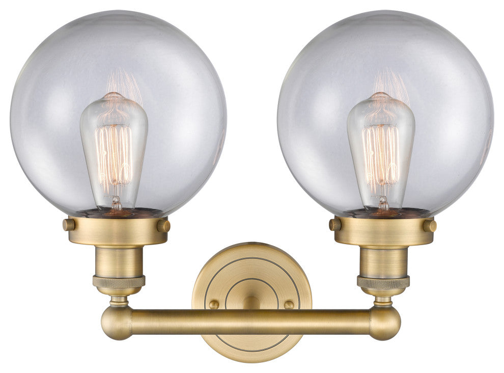 Edison Large Beacon 2-Light 16" Vanity Light, Brushed Brass Finish, Clear Shade