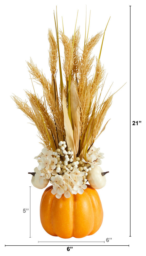21 Autumn Dried Wheat and Pumpkin Fall Arrangement in Decorative Pumpkin Vase