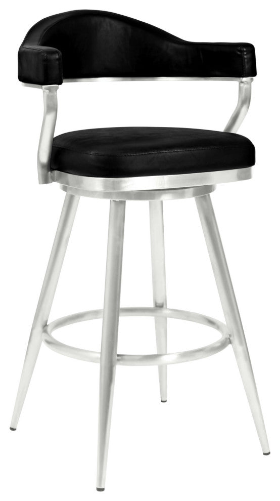 Justin 30" Bar Height Barstool in Brushed Stainless Steel and Black Faux Leather