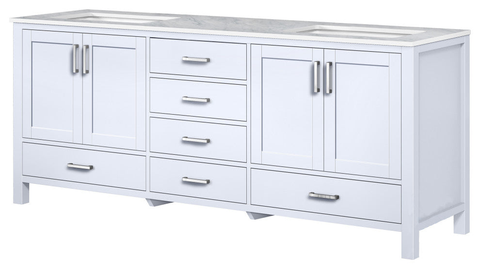 Jacques 80" White DB Vanity, White Carrara Marble Top, Square Sinks, no Mirror