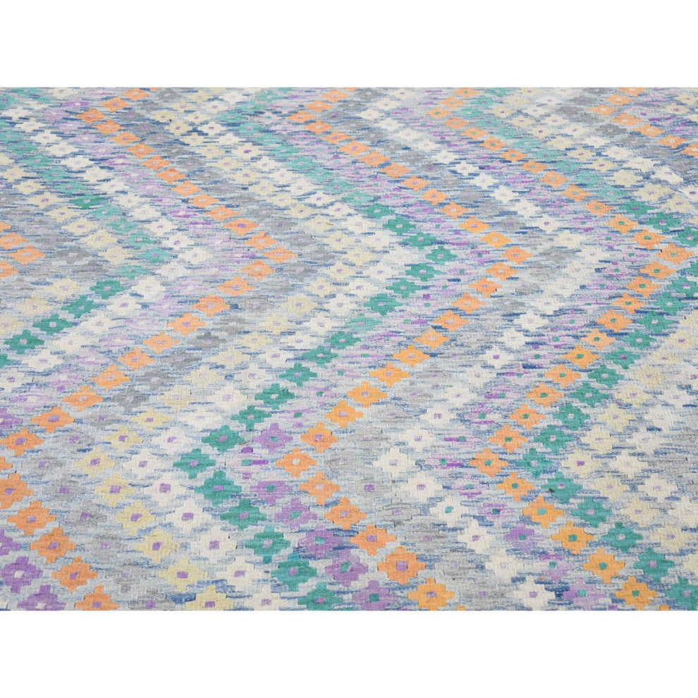 Gray Afghan Kilim with Geometric Design Multicolor Flat Weave Rug 10'3" x 13'2"