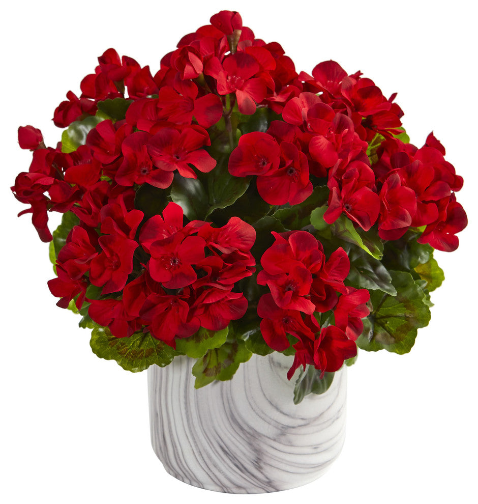 Nearly Natural Geranium Artificial Plant Marble Finished Vase UV Resistant Red