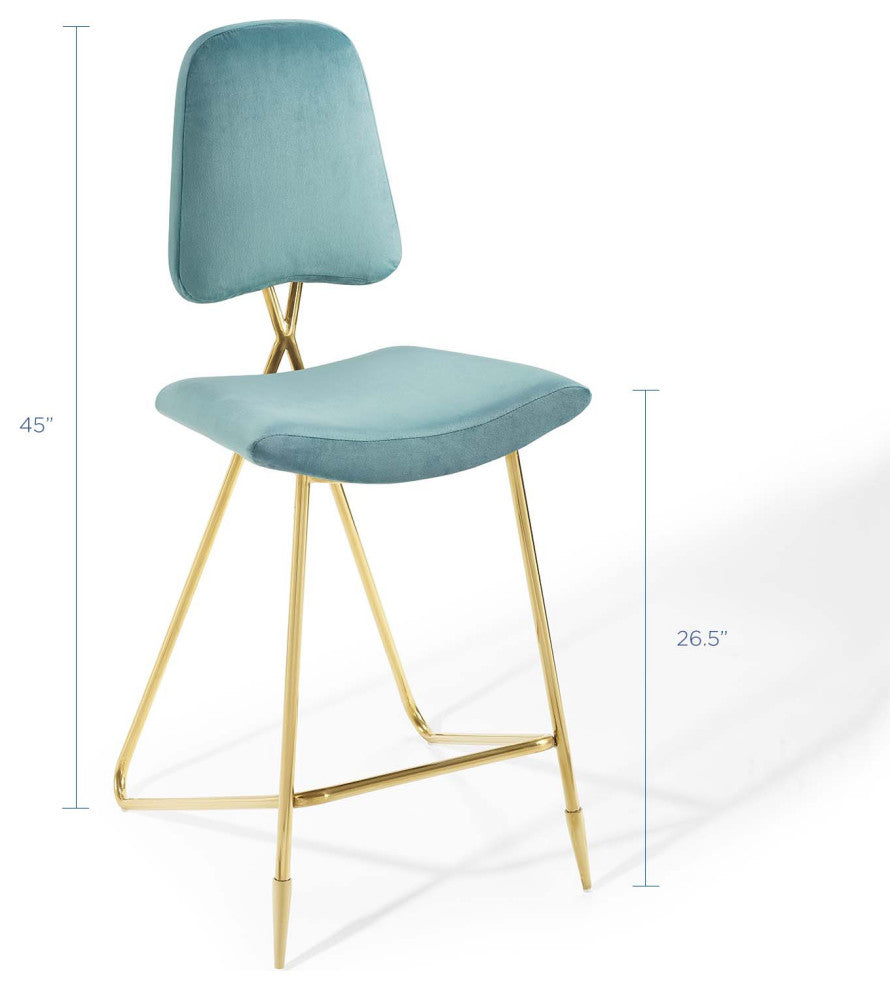 Bar Stool Chair Barstool, Set of 2, Velvet, Metal, Blue, Modern, Bar Pub Bistro