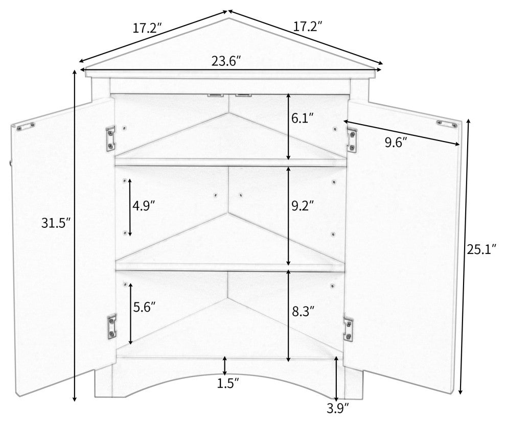 32" Wood 2-door Bath Corner Cabinet, Adjustable Shelves, Brown