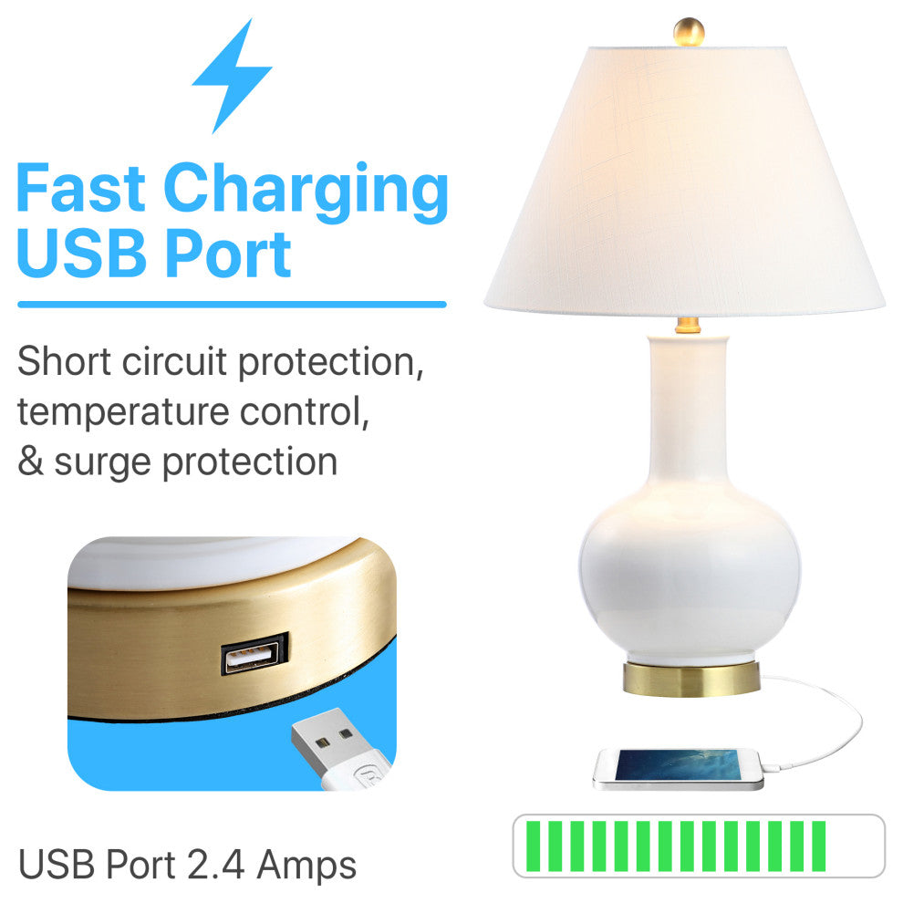 Han 27" Ceramic Contemporary USB Charging LED Table Lamp, White