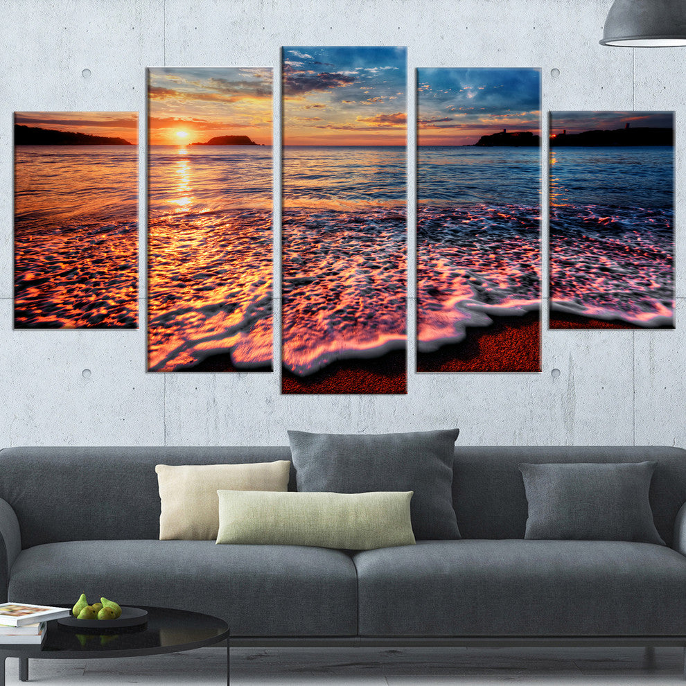 "Peaceful Evening Beach View" Seashore Canvas Wall Art, 5 Panels, 60"x32"