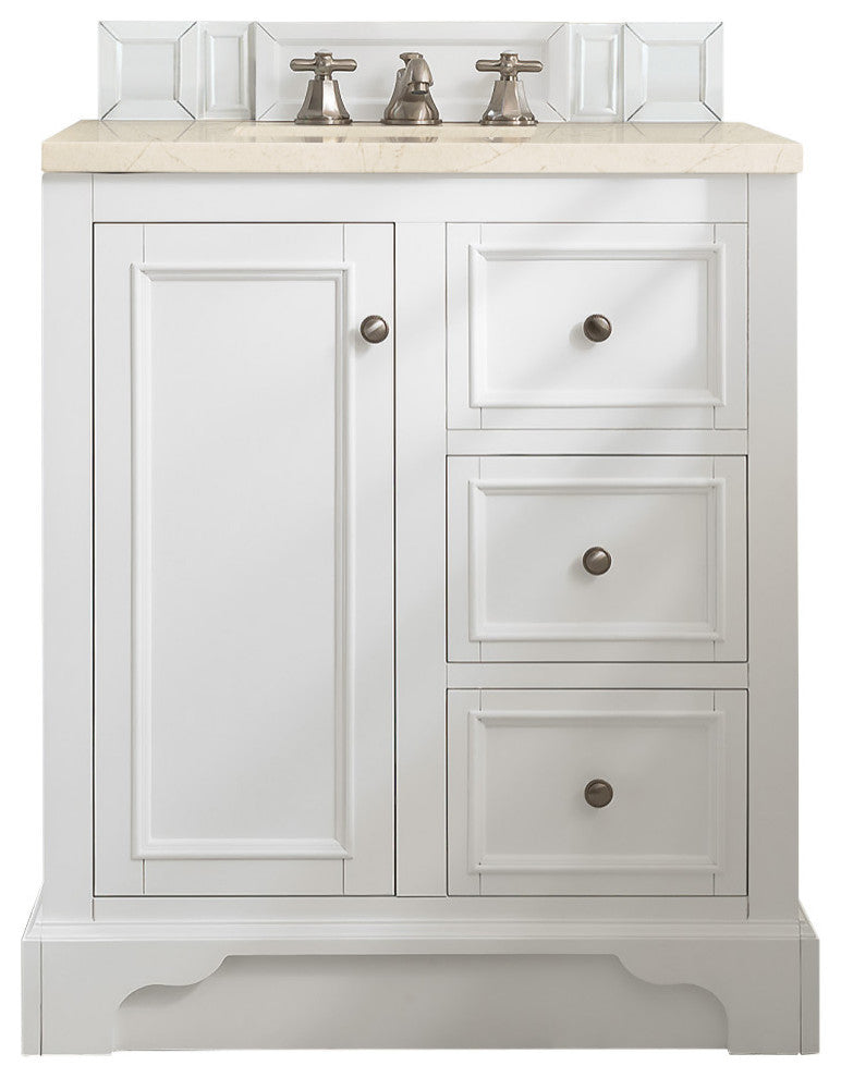 De Soto 30" Single Vanity, Bright White, 3CM Eternal Marfil Quartz Top