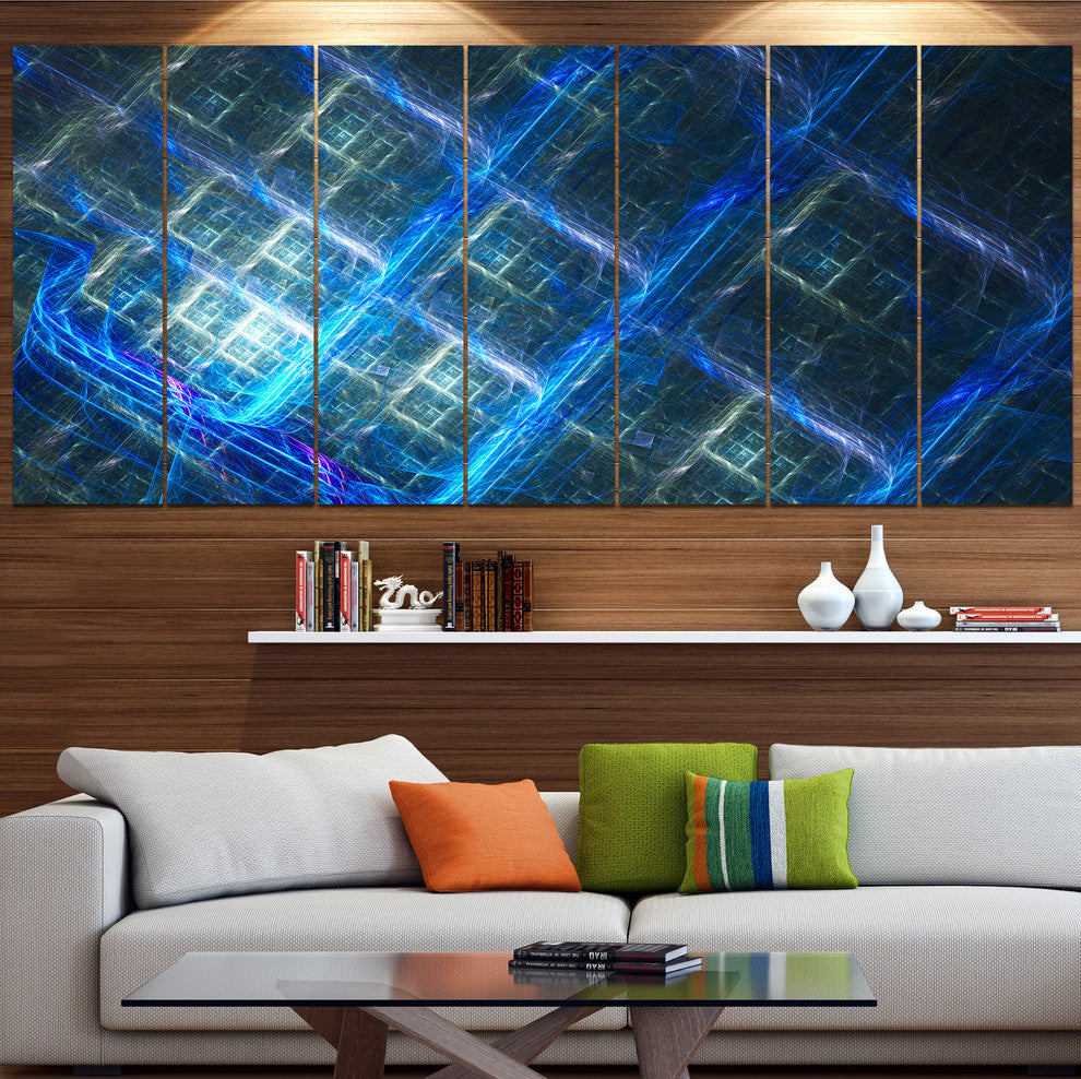 Glowing Blue Fractal Grill, Abstract Art on Canvas, 83"x32", 7 Panels