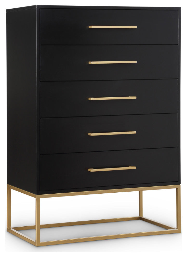 Maxine Wood Chest With Durable Brushed Gold Metal Base, Rich Black Finish