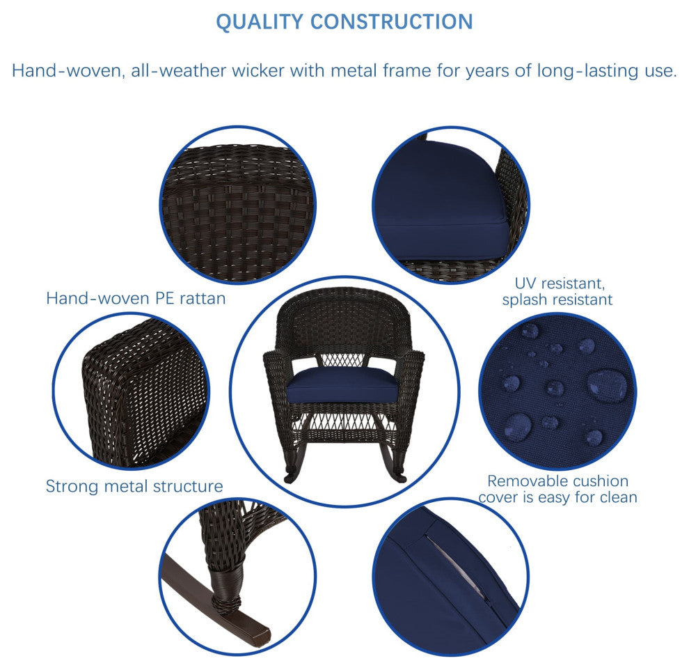 Jeco Rocker Wicker Chair in Espresso with Blue Cushion (Set of 2) Brown