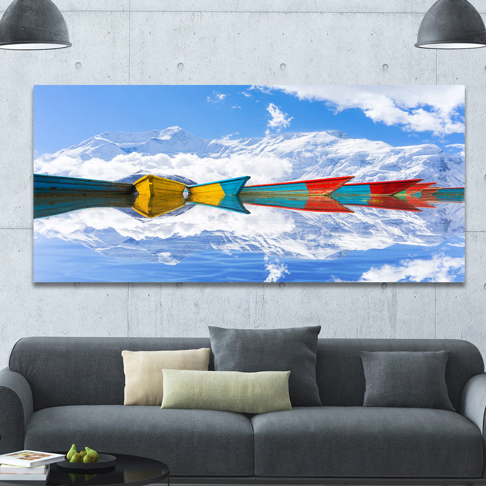Moving Colorful Boats in Lake, Large Boat Canvas Art Print, 60"x28"