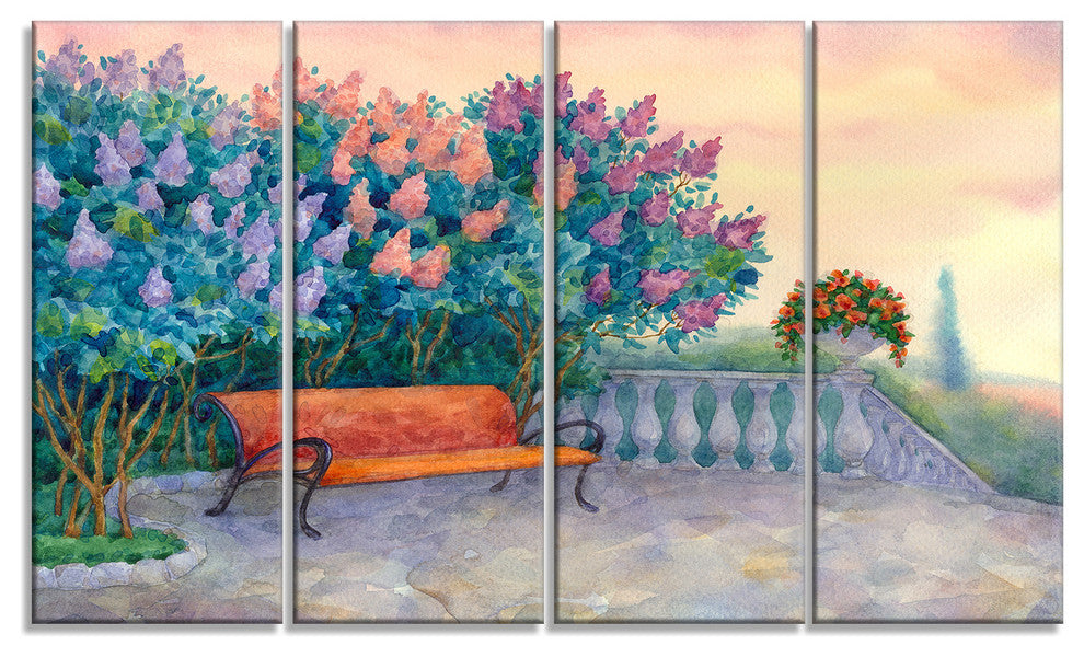 Bench under Flowering Lilac, Landscape Canvas Art Print, 48"x28", 4 Panels