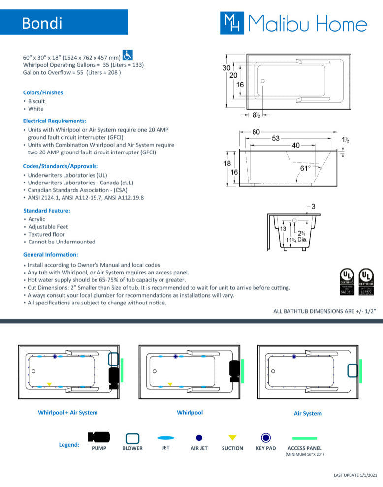 Malibu Bondi ADA Rectangle Bathtub White, 60"x30"x18" LH, Combination Whirlpool