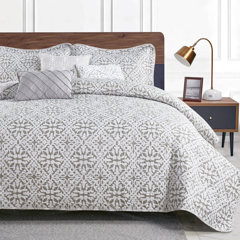 Bellamy Printed Quilted 6-Piece Bed Spread Set, Light Brown/Taupe, King