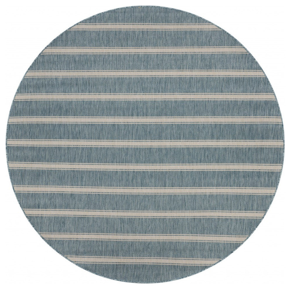 8" Round Teal Striped Indoor Outdoor Area Rug