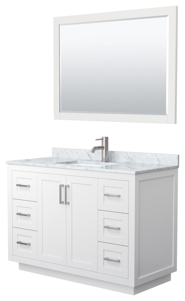 48"SGL Bathroom Vanity White, Carrara Countertop, Sink, Nickel Trim, 46" Mirror