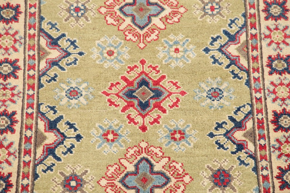 Traditional Pakistani Kazak Hand-Knotted Oriental Area Rug, Green, 4'0"X2'9"