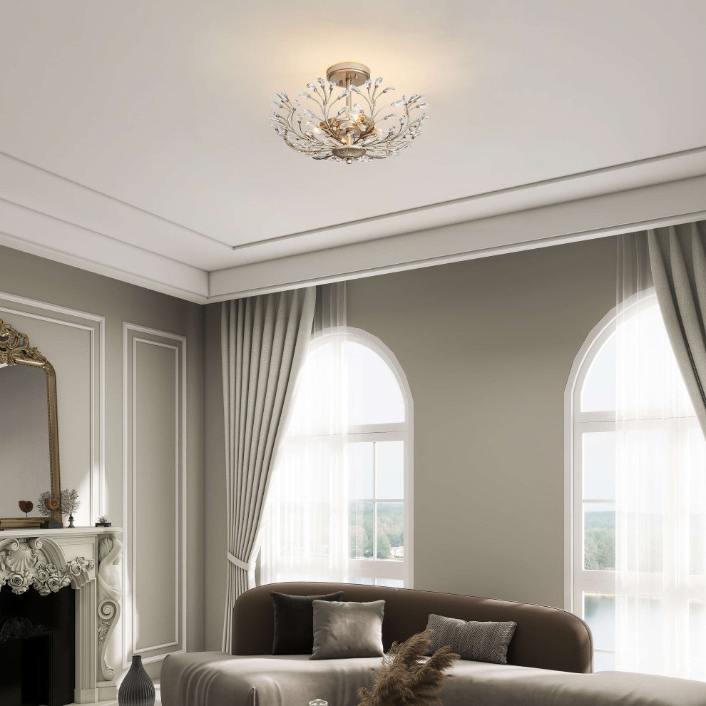 Grace 4-light Crystal Beaded 9-Branch Semi-Flush Mount, Brushed Silver-Ish Champagne