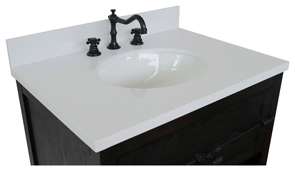 30" Single Vanity, Brown Ash, White Engineered Stone Top, Oval Sink