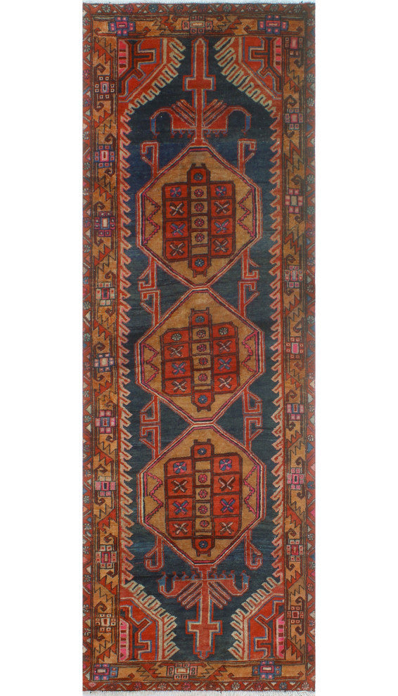 Fine Vintage Distressed Bitanig Charcoal/Rust Runner, 3'4x10'4