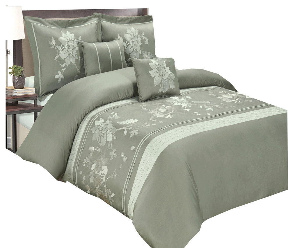 Myra Cotton Floral 5PC Duvet Cover Set, Gray, King/Cal King
