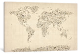 "Music Notes Map Of The World" Wrapped Canvas Print, 40x26x1.5